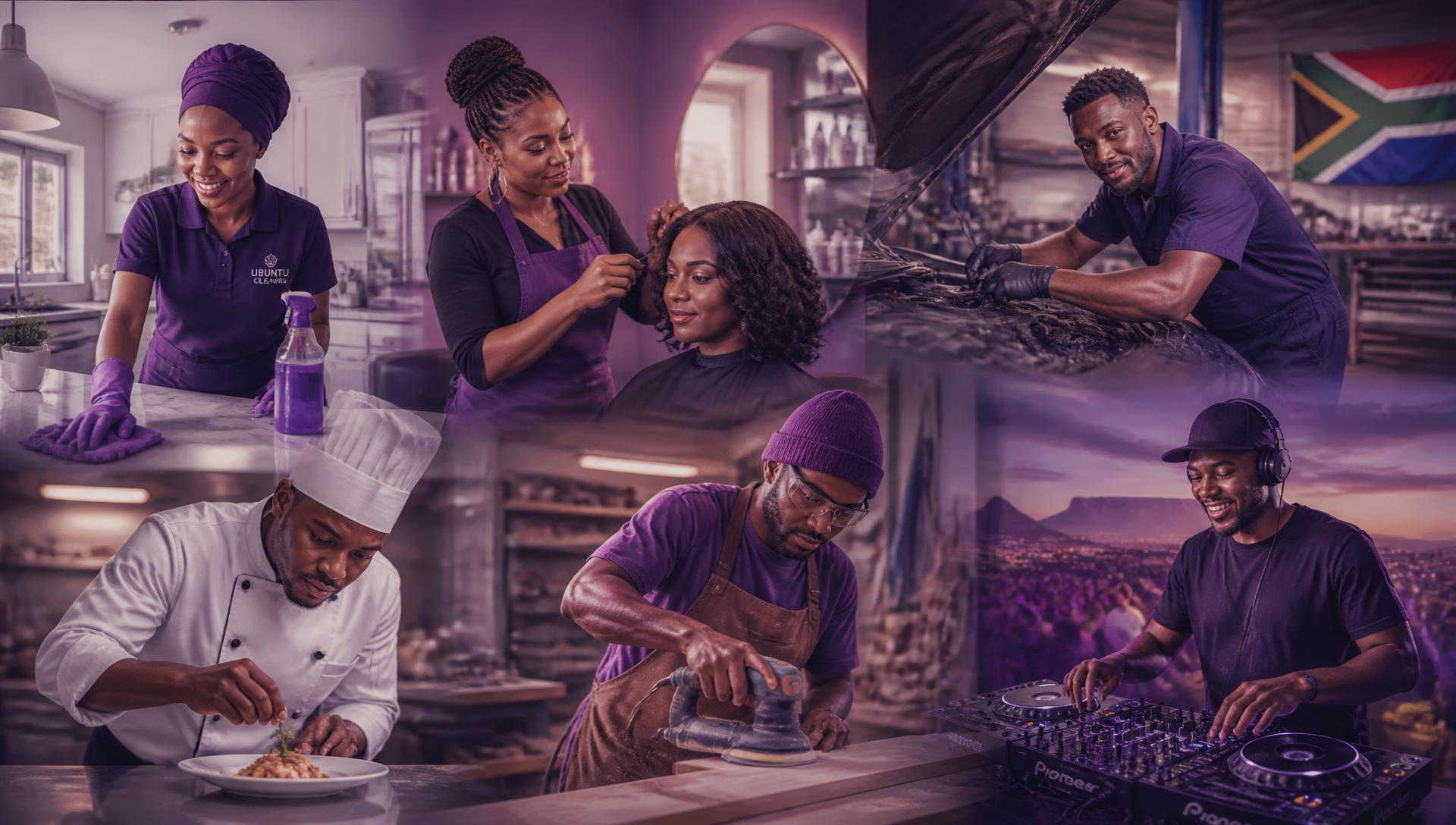 Local service providers at work: cleaner, hair stylist, mechanic, chef, carpenter and DJ